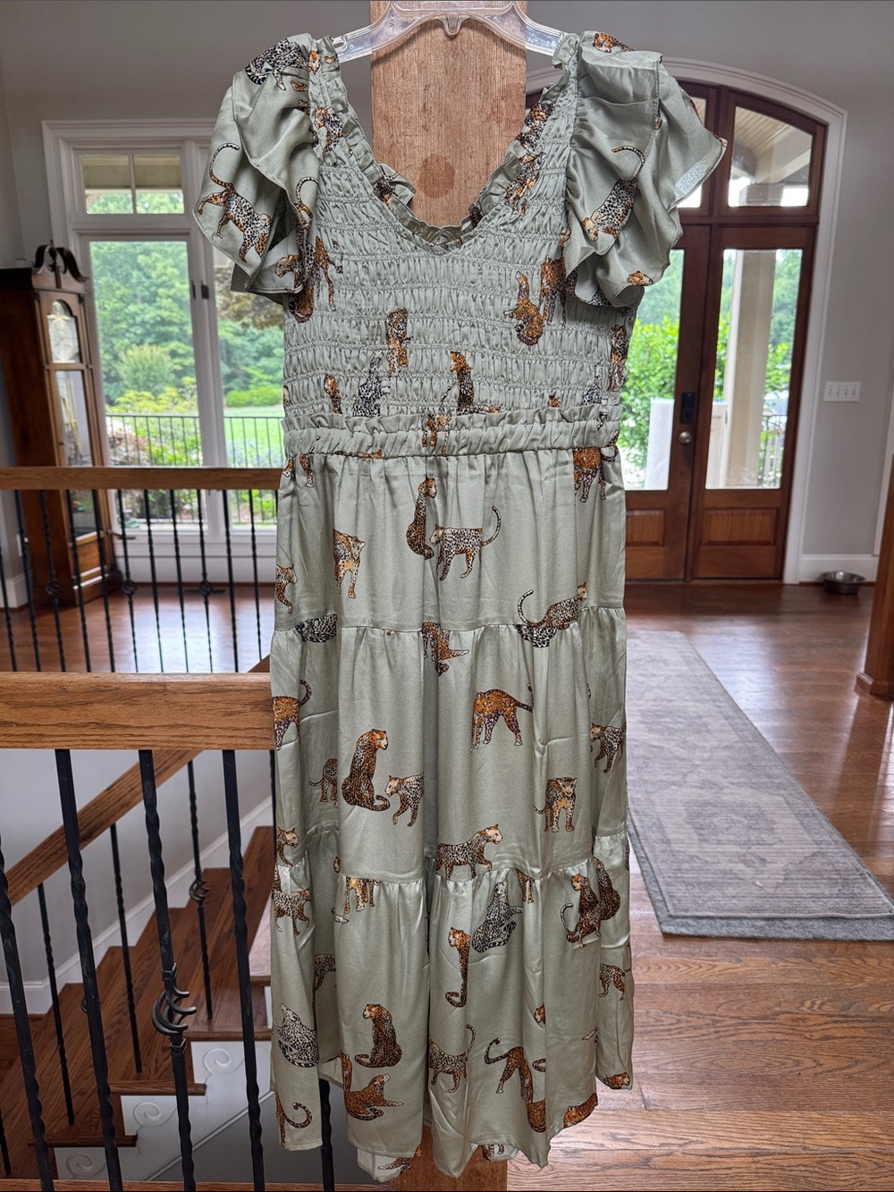 Umgee Olive Green Maxi Dress with Leopard Print smocked flutter sleeves - Picture 2 of 6